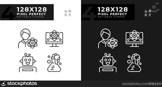 STEM technology and AI pixel perfect linear icons set for dark, light mode. Education industry development. Automation. Thin line symbols for night, day theme. Isolated illustrations. Editable stroke. STEM technology and AI pixel perfect linear icons set for dark, light mode
