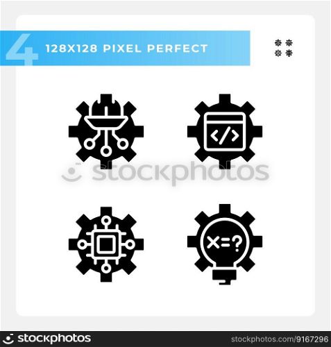 STEM technology settings pixel perfect black glyph icons set on white space. Digital science lessons. Education improvement. Silhouette symbols. Solid pictogram pack. Vector isolated illustration. STEM technology settings pixel perfect black glyph icons set on white space