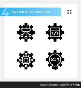 STEM technology settings pixel perfect black glyph icons set on white space. Digital science lessons. Education improvement. Silhouette symbols. Solid pictogram pack. Vector isolated illustration. STEM technology settings pixel perfect black glyph icons set on white space