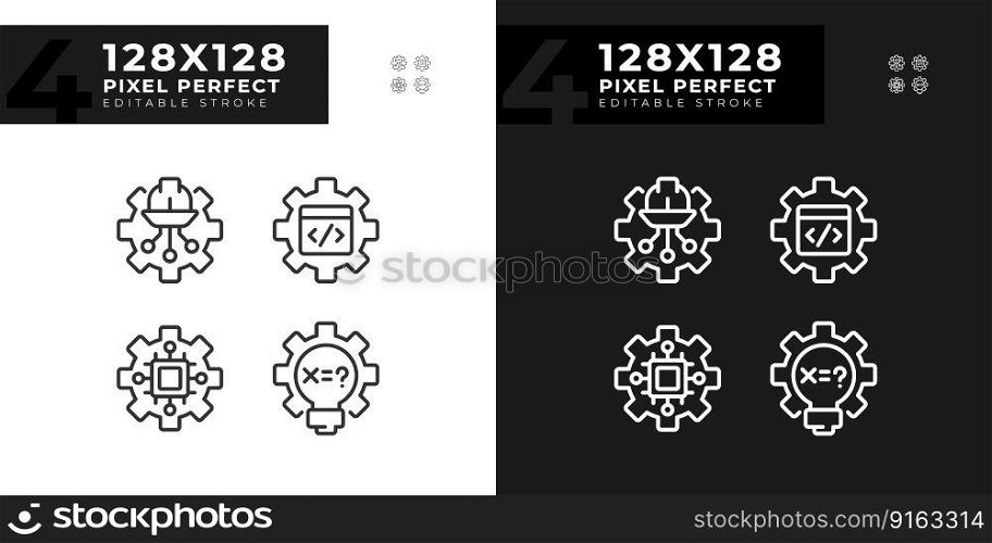 STEM technology settings pixel perfect linear icons set for dark, light mode. Digital science lessons. Education. Thin line symbols for night, day theme. Isolated illustrations. Editable stroke. STEM technology settings pixel perfect linear icons set for dark, light mode