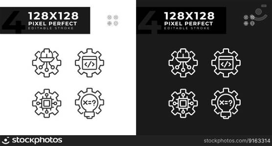 STEM technology settings pixel perfect linear icons set for dark, light mode. Digital science lessons. Education. Thin line symbols for night, day theme. Isolated illustrations. Editable stroke. STEM technology settings pixel perfect linear icons set for dark, light mode