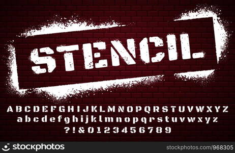 Stencil font. Graffiti spray painted alphabet, dirty textured lettering and grunge letters. Military abc and numbers, stamp type army scratched text. Isolated vector symbols set. Stencil font. Graffiti spray painted alphabet, dirty textured lettering and grunge letters vector set