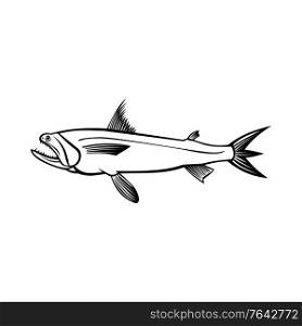 Stencil illustration of a Bombay duck fish, Harpadon nehereus, bummalo, bombil, boomla or strange fish, a species of lizardfish, viewed from side on isolated background in black and white retro style.. Bombay Duck Fish Harpadon Nehereus Bummalo, Bombil Boomla or Strange Fish Side View Stencil Black and White Retro