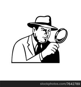 Stencil illustration of a detective, inspector, private eye or investigator looking through magnifying glass wearing fedora hat viewed from side on isolated background in black and white retro style.. Detective Inspector Private Eye or Investigator Looking Through Magnifying Glass Retro Stencil Black and White