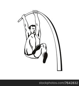 Stencil illustration of a pole vaulter with flexible pole jumping over bar in pole vaulting, a track and field event on isolated background done in black and white retro style.. Pole Vaulter with Flexible Pole Jumping Over Bar Pole Vaulting Stencil Black and White Retro Style