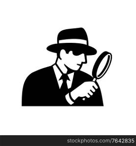 Stencil illustration of a private eye, detective, inspector or private investigator looking through magnifying glass wearing fedora hat side view on isolated background in black and white retro style.. Private Eye Detective Inspector or Investigator Looking Magnifying Glass Retro Stencil Black and White