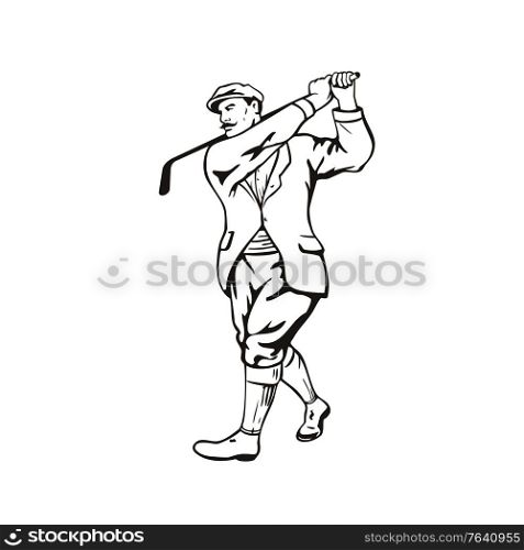 Stencil illustration of a vintage golfer with golf club golfing or teeing off wearing cheese cutter hat or newsboy cap viewed from front on isolated background done in black and white retro style.. Vintage Golfer with Golf Club Golfing or Teeing Off Retro Stencil Black and White