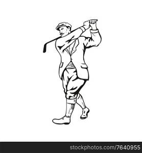 Stencil illustration of a vintage golfer with golf club golfing or teeing off wearing cheese cutter hat or newsboy cap viewed from front on isolated background done in black and white retro style.. Vintage Golfer with Golf Club Golfing or Teeing Off Retro Stencil Black and White