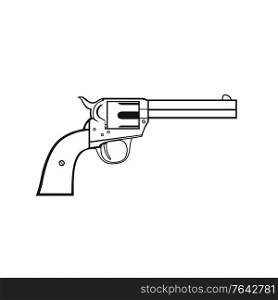 Stencil illustration of colt single action revolver or a wheel gun, a repeating handgun with a revolving cylinder containing multiple chambers and one barrel for firing in black and white retro style.. Colt Single Action Revolver or Wheel Gun Handgun Side View Stencil Black and White Retro