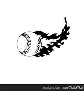 Stencil illustration of on isolated background done in black and white retro style.. Baseball or Softball Ball on Fire with Fiery Flames Stencil Black and White Retro
