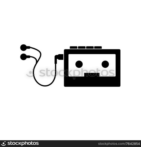 Stencil illustration of vintage portable cassette player on isolated background done in black and white retro style.. Vintage Portable Cassette Player Stencil Black and White Retro