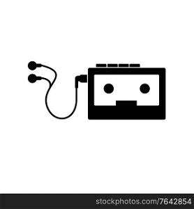 Stencil illustration of vintage portable cassette player on isolated background done in black and white retro style.. Vintage Portable Cassette Player Stencil Black and White Retro
