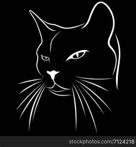 Stencil of abstract angry cat&rsquo;s muzzle, looking to the side, black vector hand drawing on the white background