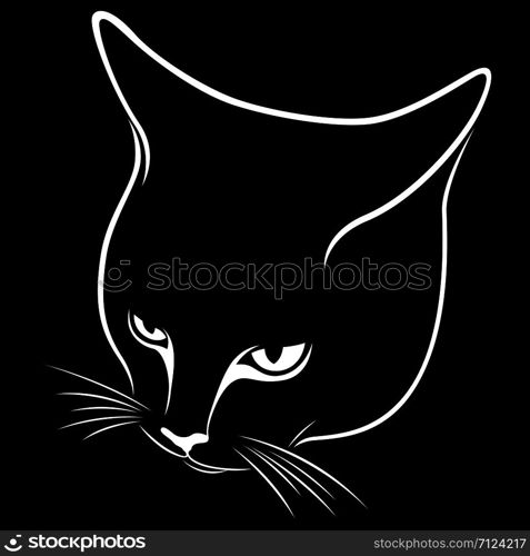 Stencil of abstract cat&rsquo;s muzzle, tilting his head down, black vector hand drawing on the white background