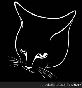 Stencil of abstract cat&rsquo;s muzzle, tilting his head down, black vector hand drawing on the white background