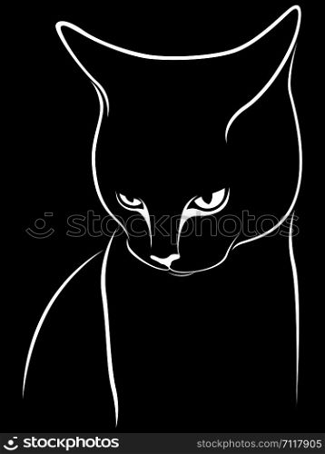 Stencil of abstract cat, tilting his head down, black vector hand drawing on the white background