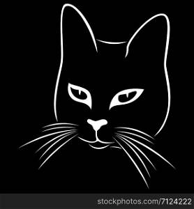 Stencil of abstract funny cat&rsquo;s muzzle, black vector hand drawing on the white background