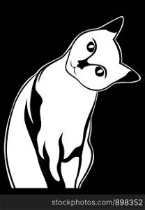 Stencil of cute kitten, tilting its head to the side, black vector hand drawing on white background