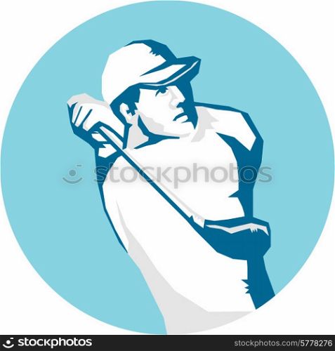 Stencil style illustration of a golfer playing golf swinging club teeing off set inside circle on isolated background.. Golfer Tee Off Golf Stencil