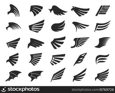 Stencil wings icons. Fast fly emblem, eagle freedom bird wing, holy angel and demon wings vector set of emblem feather angel, wing bird illustration. Stencil wings icons. Fast fly emblem, eagle freedom bird wing, holy angel and demon wings vector set