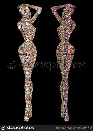 Stencils of female bodies decorated with different patterns, silhouettes isolated on a black background