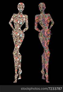 Stencils of two ladies bodies decorated with different patterns, silhouettes isolated on a black background