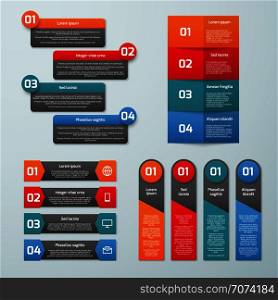 Step by step options vector infographic templates. Information tabs and presentation banners set. Step business colored brochure, infographic number order illustration. Step by step options vector infographic templates. Information tabs and presentation banners set