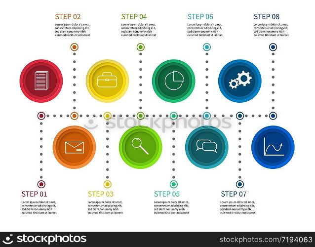 Step chart. Info process diagram, timeline with milestones. Workflow presentation infographic with options vector business graphic template. Step chart. Info process diagram, timeline with milestones. Workflow presentation infographic with options vector business template