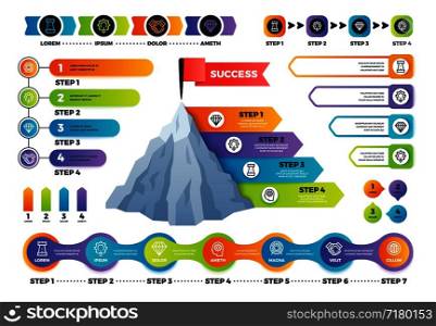 Step infographics. Pyramid graph with process options, infocharts and timeline. Marketing business infographic vector elements. Vector mountain infograph successful business, graphic. Step infographics. Pyramid graph with process options, infocharts and timeline. Marketing business infographic vector elements