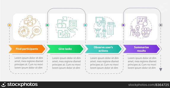 Step to evaluate website usability rectangle infographic template. Data visualization with 4 steps. Editable timeline info chart. Workflow layout with line icons. Myriad Pro-Bold, Regular fonts used. Step to evaluate website usability rectangle infographic template