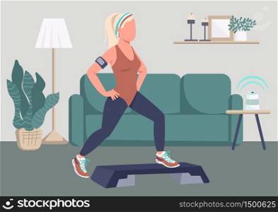 Step ups exercise flat color vector illustration. Sportswoman working out at home 2D cartoon character with living room on background. Workout on self isolation, quarantine fitness. Healthy lifestyle. Step ups exercise flat color vector illustration