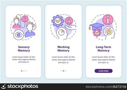 Steps of microlearning onboarding mobile app screen. Memory walkthrough 3 steps editable graphic instructions with linear concepts. UI, UX, GUI template. Myriad Pro-Bold, Regular fonts used. Steps of microlearning onboarding mobile app screen