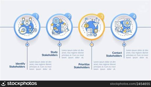 Steps of stakeholder relations circle infographic template. Data visualization with 4 steps. Process timeline info chart. Workflow layout with line icons. Lato-Bold, Regular fonts used. Steps of stakeholder relations circle infographic template