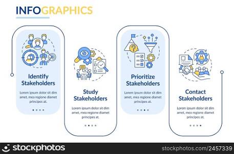 Steps of stakeholder relations rectangle infographic template. Data visualization with 4 steps. Process timeline info chart. Workflow layout with line icons. Lato-Bold, Regular fonts used. Steps of stakeholder relations rectangle infographic template