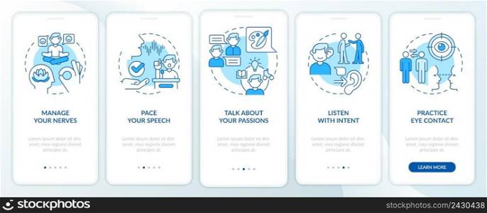 Steps to charisma blue onboarding mobile app screen. Charismatic person walkthrough 5 steps graphic instructions pages with linear concepts. UI, UX, GUI template. Myriad Pro-Bold, Regular fonts used. Steps to charisma blue onboarding mobile app screen