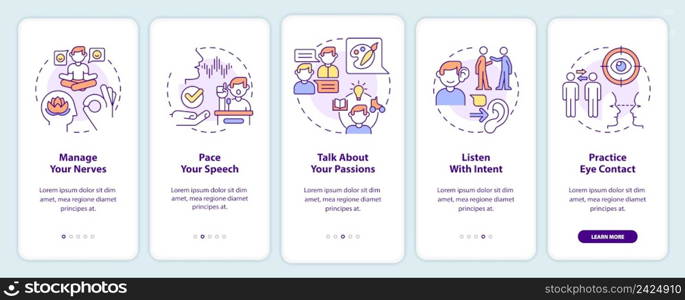 Steps to charisma onboarding mobile app screen. Become charismatic person walkthrough 5 steps graphic instructions pages with linear concepts. UI, UX, GUI template. Myriad Pro-Bold, Regular fonts used. Steps to charisma onboarding mobile app screen