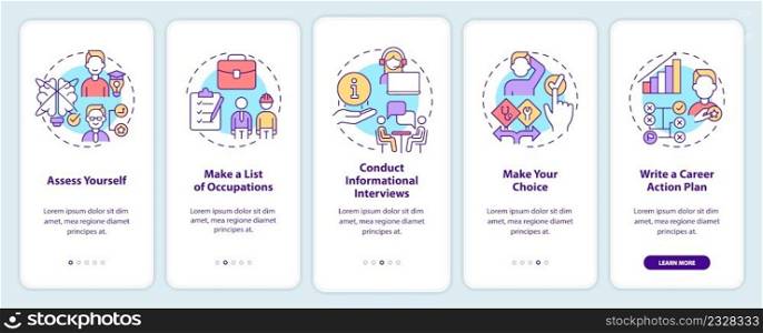 Steps to choose career onboarding mobile app screen. Occupations list walkthrough 5 steps graphic instructions pages with linear concepts. UI, UX, GUI template. Myriad Pro-Bold, Regular fonts used. Steps to choose career onboarding mobile app screen