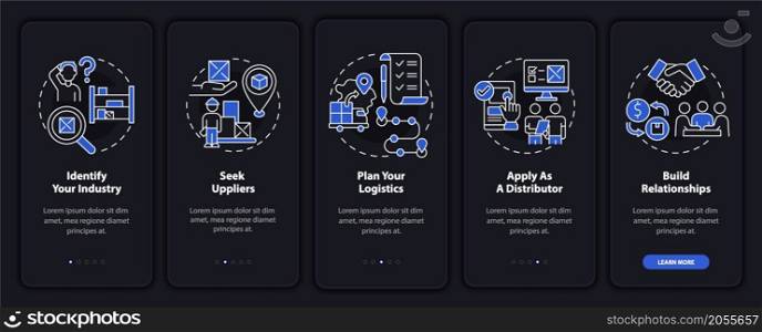 Steps to distribution startup onboarding mobile app page screen. Startup walkthrough 5 steps graphic instructions with concepts. UI, UX, GUI vector template with linear night mode illustrations. Steps to distribution startup onboarding mobile app page screen