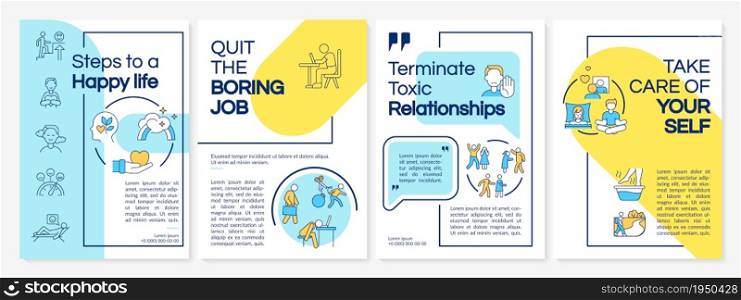 Steps to happy life blue and yellow brochure template. Change life. Flyer, booklet, leaflet print, cover design with linear icons. Vector layouts for presentation, annual reports, advertisement pages. Steps to happy life blue and yellow brochure template