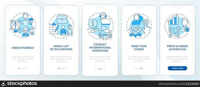 Steps to select career path blue onboarding mobile app screen. Walkthrough 5 steps graphic instructions pages with linear concepts. UI, UX, GUI template. Myriad Pro-Bold, Regular fonts used. Steps to select career path blue onboarding mobile app screen