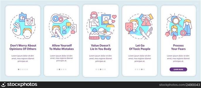 Steps to self love onboarding mobile app screen. Let go of toxic people walkthrough 5 steps graphic instructions pages with linear concepts. UI, UX, GUI template. Myriad Pro-Bold, Regular fonts used. Steps to self love onboarding mobile app screen