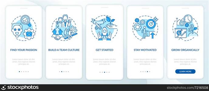 Steps to start social entrepreneurship blue onboarding mobile app page screen. Walkthrough 5 steps graphic instructions with concepts. UI, UX, GUI vector template with linear color illustrations. Steps to start social entrepreneurship blue onboarding mobile app page screen