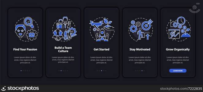 Steps to start social entrepreneurship dark onboarding mobile app page screen. Walkthrough 5 steps graphic instructions with concepts. UI, UX, GUI vector template with linear night mode illustrations. Steps to start social entrepreneurship dark onboarding mobile app page screen