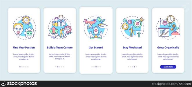 Steps to start social entrepreneurship onboarding mobile app page screen. Walkthrough 5 steps graphic instructions with concepts. UI, UX, GUI vector template with linear color illustrations. Steps to start social entrepreneurship onboarding mobile app page screen