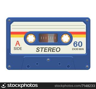 Stereo cassette. Retro audio tape with music record for vintage poster 80s isolated vector trendy pop object. Stereo cassette. Retro audio tape with music record for vintage poster 80s isolated vector object