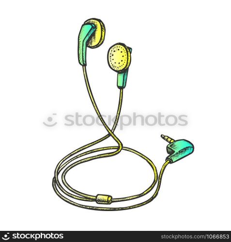 Stereo Earphone Digital Gadget Color Vector. Modern Audio Earphone. Portable Music Accessory Headphones Engraving Concept Template Hand Drawn In Vintage Style Illustration. Stereo Earphone Digital Gadget Color Vector