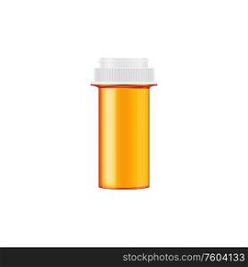 Sterile medical container to store biomaterial isolated pills bottle. Vector orange prescription box with cap. Medical container to store biomaterial and pills