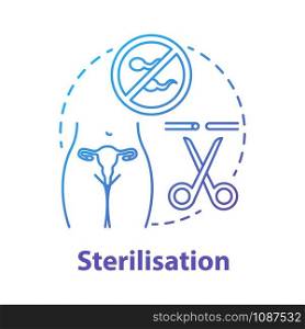 Sterilisation device blue concept icon. Safe sex. Tubal ligation. Blocked, removed fallopian tubes. Female surgical procedure idea thin line illustration. Vector isolated outline drawing