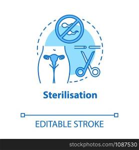 Sterilisation device concept icon. Safe sex. Tubal ligation. Blocked fallopian tubes. Female surgical procedure idea thin line illustration. Vector isolated outline drawing. Editable stroke