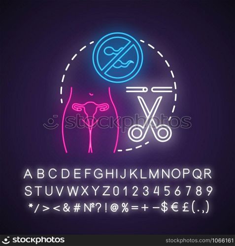 Sterilisation device neon light concept icon. Safe sex. Tubal ligation. Blocked fallopian tubes. Surgical procedure idea. Glowing sign with alphabet, numbers and symbols. Vector isolated illustration